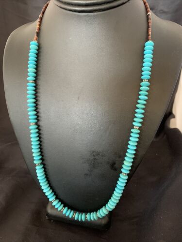 Navajo Pearls Bead Necklace | Blue Turquoise | Sterling Silver | 24" | Authentic Native American Handmade | 12538