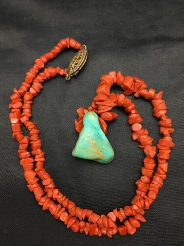 Native American Turquoise and Coral Pendant Necklace | Brass Old Pawn | 19" | 4007