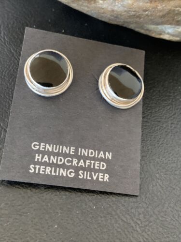 Navajo Black Onyx Stud Post Earrings | Sterling Silver | 0.5" | Authentic Native American Handmade | 12642