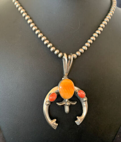 Navajo Pearl Necklace with Sterling Silver Naja Pendant | Orange Red Spiny Oyster | 11698