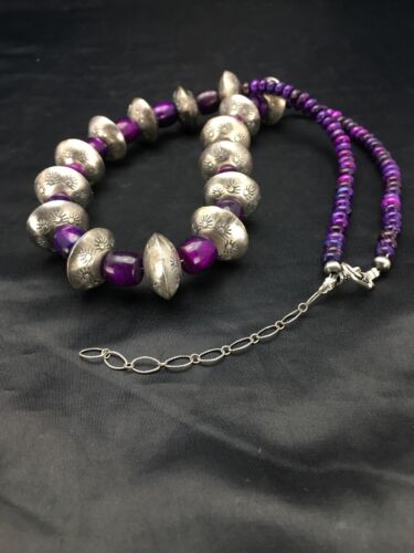 Navajo Sugilite Necklace | Sterling Silver Stamped Beads | 22" | Authentic Native American Handmade | 2702
