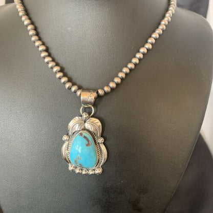 Men's Navajo Pearls Necklace | Sterling Silver Blue Kingman Turquoise Pendant | Native American | 12598