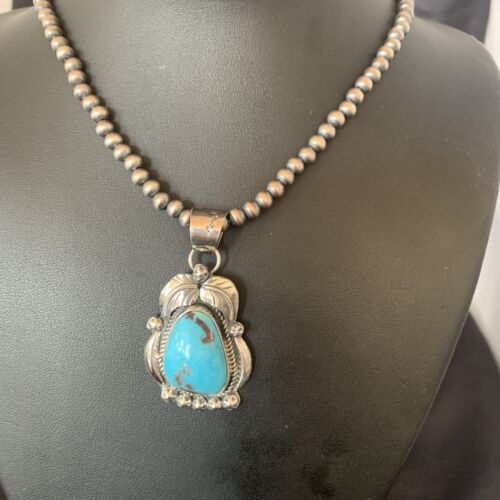 Men's Navajo Pearls Necklace | Sterling Silver Blue Kingman Turquoise Pendant | Native American | 12598