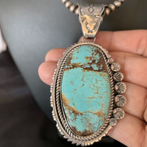 Navajo Pearls Sterling Silver Necklace with Blue #8 Turquoise Pendant | 3" | Authentic Native American Handmade | 13937 - Masha USA