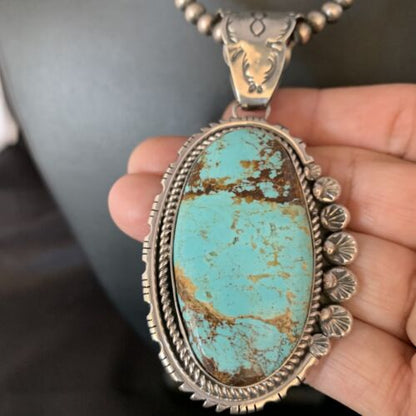 Navajo Pearls Sterling Silver Necklace with Blue #8 Turquoise Pendant | 3" | Authentic Native American Handmade | 13937 - Masha USA
