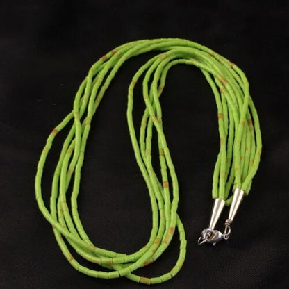 Native American Green Gaspeite Tube Heishi Necklace | 5 Strand | Sterling Silver | 19" | 10258