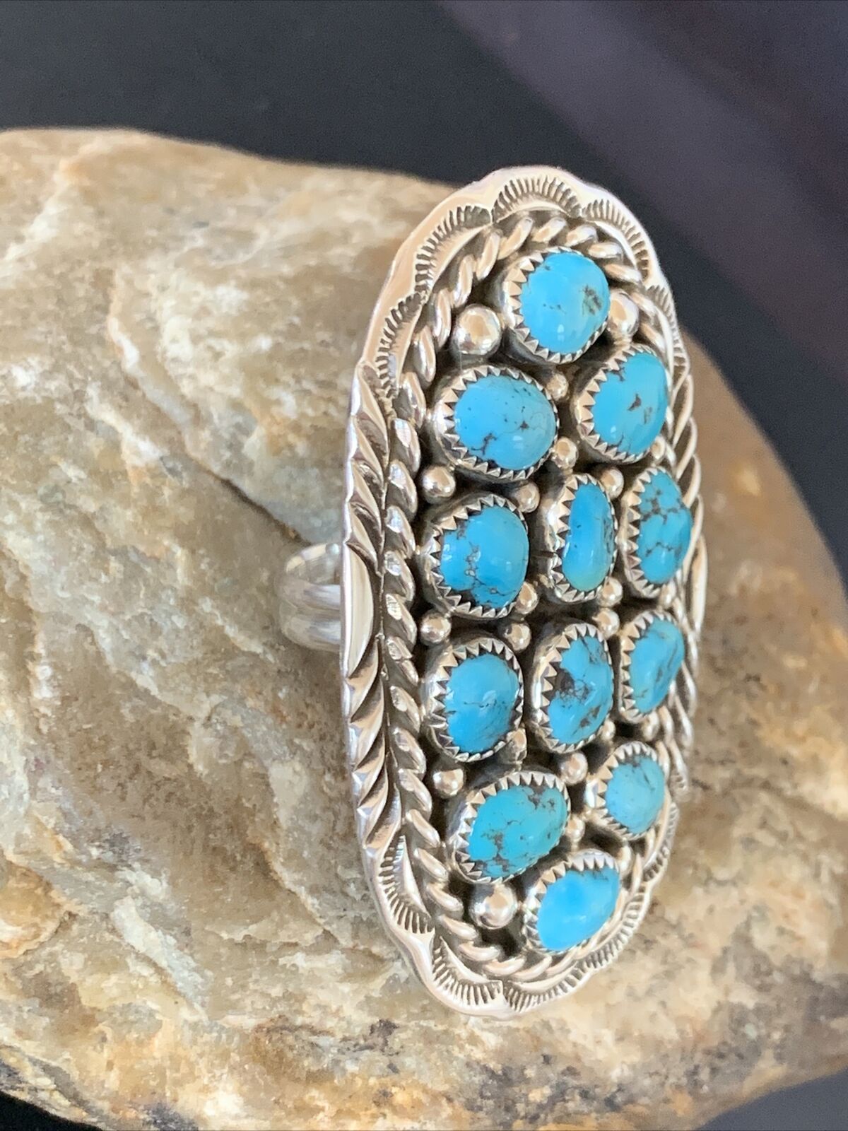 Navajo Blue Kingman Turquoise Cluster Ring | Authentic Native American Sterling Silver | Multi-Stone | Sz 6.5 | 11511