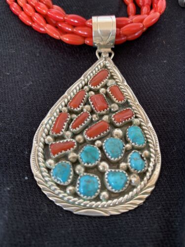 Navajo Coral Turquoise 5-Strand Necklace | Sterling Silver | Authentic Native American Handmade | 00510