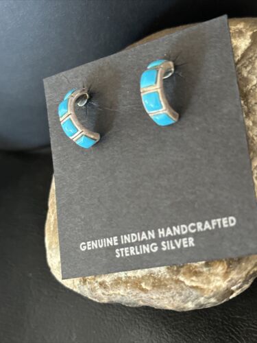 Navajo Blue Turquoise Inlay Earrings | Sterling Silver | 1" | Authentic Native American Handmade | 14776