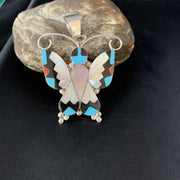 Zuni Butterfly Pendant Necklace | Turquoise Mother of Pearl Onyx Inlay | Sterling Silver | 13684