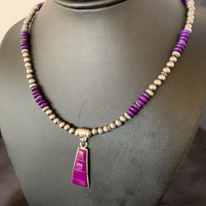 Navajo Pearl Necklace Purple Sugilite Inlay Pendant | Sterling Silver | Authentic Native American Handmade | 12619
