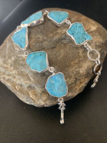 Navajo Blue Kingman Turquoise Rough Link Bracelet | Sterling Silver | 8" | 11649