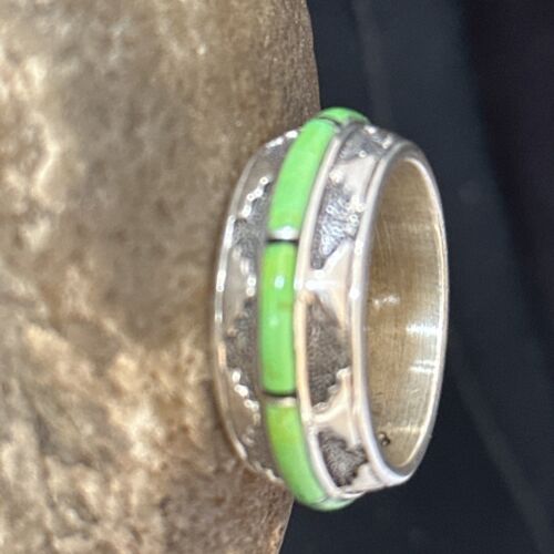 Navajo Green Gaspeite Inlay Eternity Band Ring | Sterling Silver | Sz 9.5 | Authentic Native American Handmade | 14548