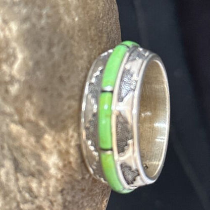 Navajo Green Gaspeite Inlay Eternity Band Ring | Sterling Silver | Sz 9.5 | Authentic Native American Handmade | 14548