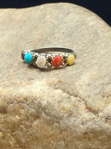 Zuni Blue Opal, Coral, Turquoise Multi-Stone Ring | Authentic Native American Sterling Silver | Multi-Stone | Sz 6.25 | 2501