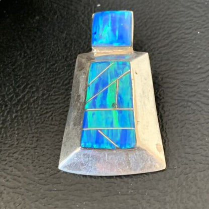 Authentic Native American Navajo Sterling Silver Blue Opal Inlay Pendant | Handmade Jewelry | 13339