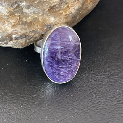 Navajo Women's Oval Purple Charoite Ring | Sterling Silver | Sz 8 Adjustable | Authentic Native American Handmade | 10567