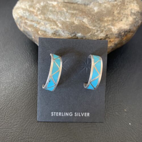 Zuni Blue Turquoise Inlay Hoop Earrings | Sterling Silver | 0.50" | 12755