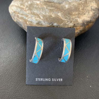 Zuni Blue Turquoise Inlay Hoop Earrings | Sterling Silver | 0.50" | 12755
