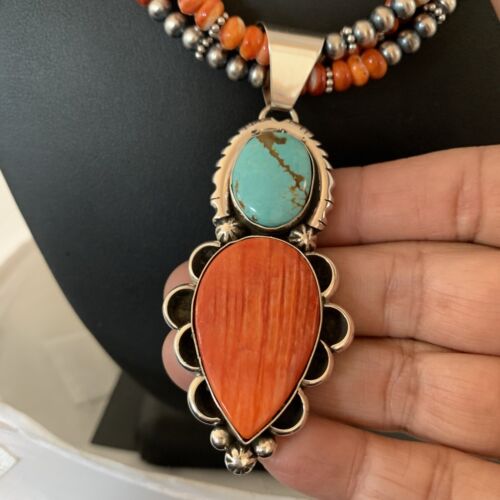 Navajo Pearl Necklace with Turquoise & Spiny Oyster Pendant | Sterling Silver | Multi-Strand | 1677