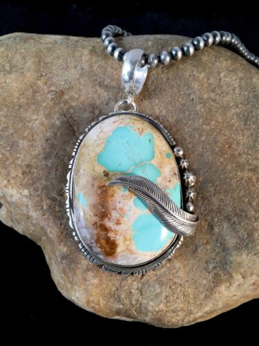 Royston Turquoise Pendant | Navajo Pearls Sterling Silver Necklace | Authentic Native American Handmade | 8730