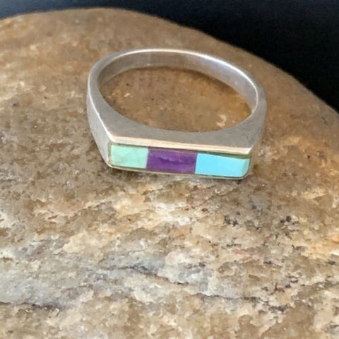 Native Navajo Blue Lapis Turquoise Purple Spiny Oyster Inlay Ring S7 11142