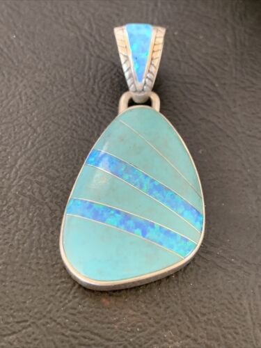 Men's Women's Navajo Blue Turquoise Opal Inlay Pendant | Sterling Silver | Authentic Native American Handmade | 12488