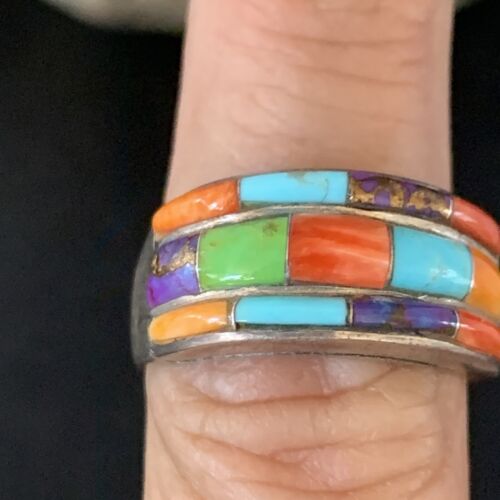 Navajo Multi-Color Turquoise Spiny Oyster Corn Inlay Ring | Sterling Silver | Sz 5.5 | 13853