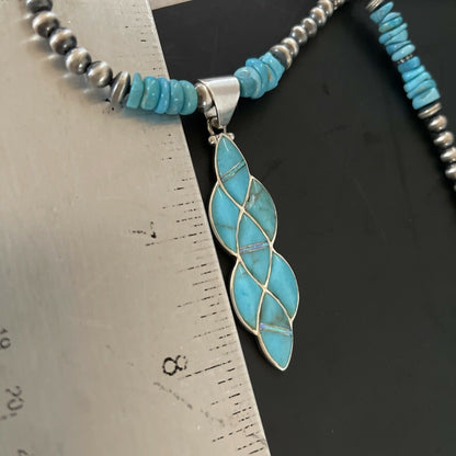 Authentic Native American Navajo Sterling Silver Pendant | Blue Turquoise & Opal Inlay Necklace | 11329