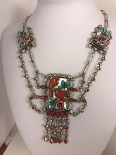 Zuni Turquoise Coral Necklace | Collectible Sterling Silver Pendant | Native American Handmade | 315