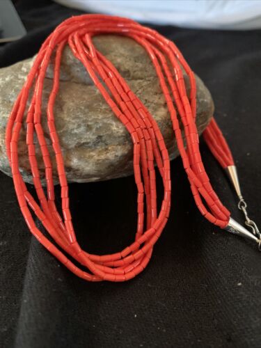 Red Stabilized Coral Heishi Necklace | 5-Strands | Sterling Silver | 20" | Authentic Native American Handmade | 00761