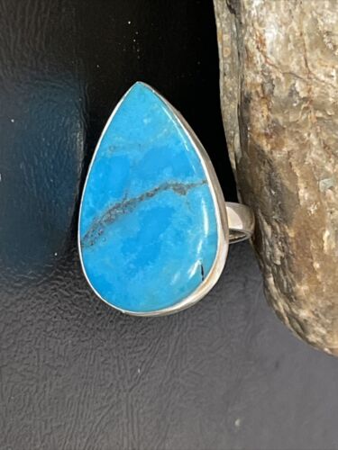 Navajo Blue Kingman Turquoise Ring | Sterling Silver | Sz 8 | Teardrop | Authentic Native American Handmade | 10509