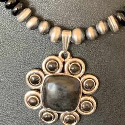Navajo Pearl Necklace Pendant | Authentic Native American Sterling Silver Black Onyx | Multi-Stone | 22" | 12270