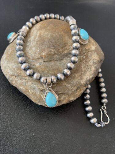 Navajo Handmade Sterling Silver Turquoise Necklace | 3 Teardrop Pendants | Authentic Native American | 1952