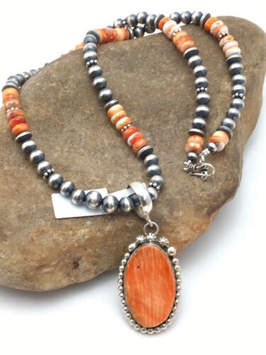Navajo Orange Spiny Oyster Pendant Necklace | Sterling Silver | Authentic Native American Handmade | 8687