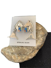 Native American Navajo Blue Lapis & Pink Opal Sterling Silver Horse Inlay Earrings 1" | 1513