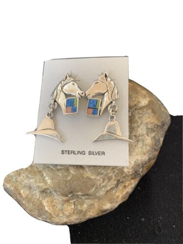 Native American Navajo Blue Lapis & Pink Opal Sterling Silver Horse Inlay Earrings 1" | 1513