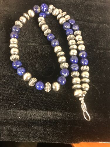 Native American Men's Lapis Necklace | Navajo Sterling Silver | 22" | 8531 - Masha USA