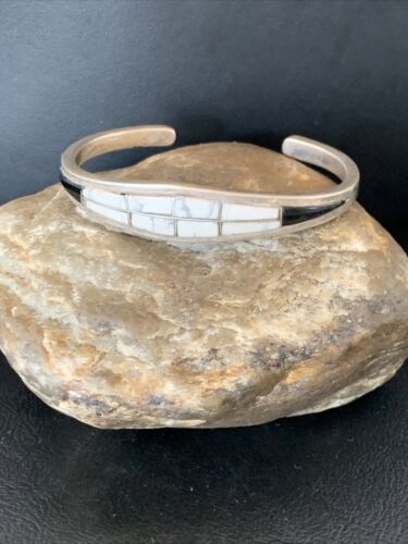 Men's Sterling Silver White Buffalo Turquoise Onyx Inlay Bracelet | Authentic Native American Handmade | 12101