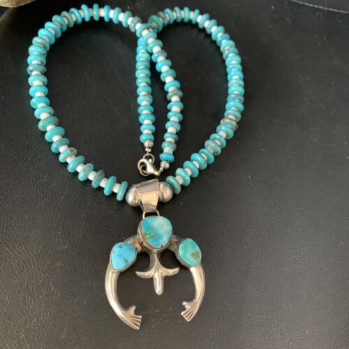 Navajo Sterling Silver Blue Turquoise Necklace with Naja Pendant | 18" | Authentic Native American Handmade | 13754