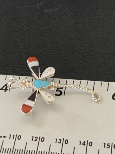 Zuni Turquoise Mother of Pearl Inlay Dragonfly Necklace Pin Pendant | Sterling Silver | 12319