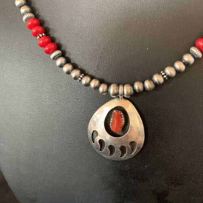 Bear Paw Red Coral Pendant for Men | Navajo Pearl Sterling Silver | Authentic Native American Handmade | 12589