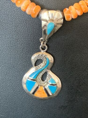 Navajo Pearls Necklace with Orange Spiny Oyster & Turquoise Pendant | Sterling Silver | Authentic Native American | 20" | 12703