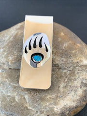 Navajo Handmade Turquoise Bear Paw Money Clip | Sterling Silver | Authentic Native American | 1568