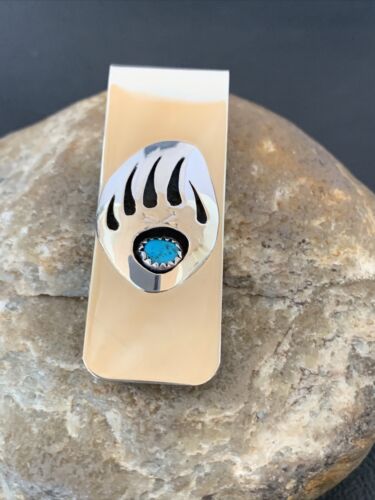 Navajo Handmade Turquoise Bear Paw Money Clip | Sterling Silver | Authentic Native American | 1568