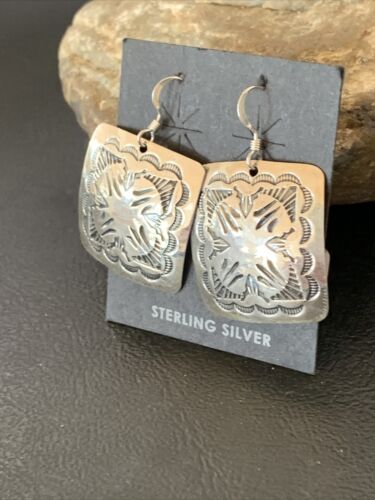 Native American Women's Dangle Earrings | Navajo Sterling Silver Stamped Handmade | 1665