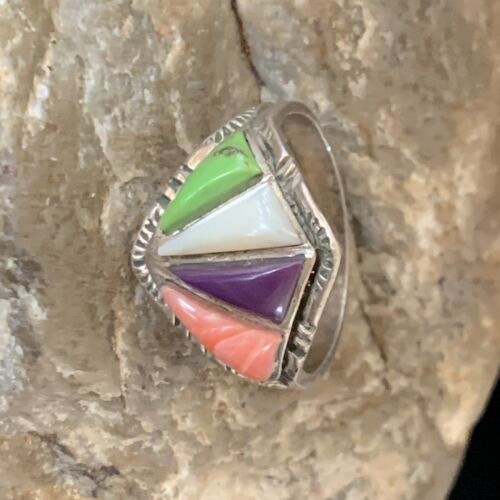 Navajo Multi-Color Gaspeite Sugilite Coral Mother of Pearl Inlay Ring | Sterling Silver | Sz 10.5 | 12397