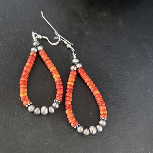 Southwestern Red Spiny Oyster Bead Earrings | Navajo Sterling Silver | Authentic Native American Handmade | 14372