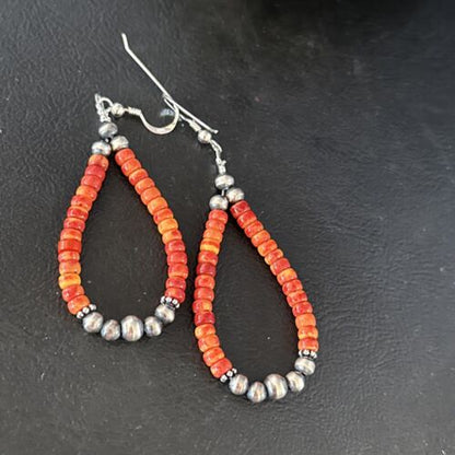 Southwestern Red Spiny Oyster Bead Earrings | Navajo Sterling Silver | Authentic Native American Handmade | 14372