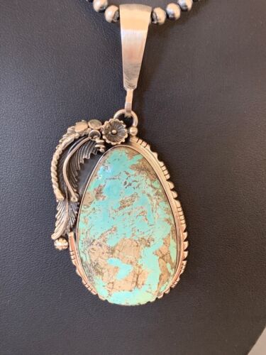 Men's Blue Turquoise Pendant Necklace | Navajo Pearls | Sterling Silver | Authentic Native American Handmade | 2565